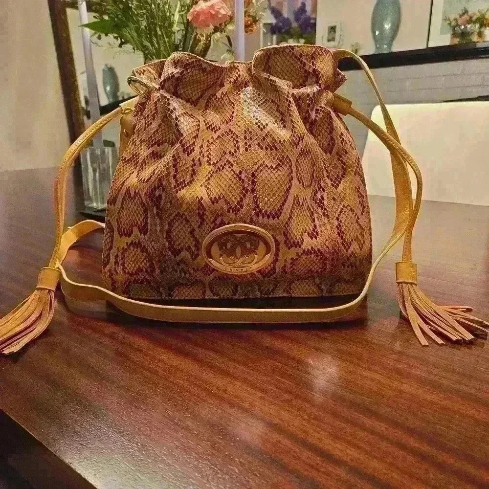 Sharif Luxury Leather Snakeskin Animal Print Peachy Pink Crossbody Shoulder Bag